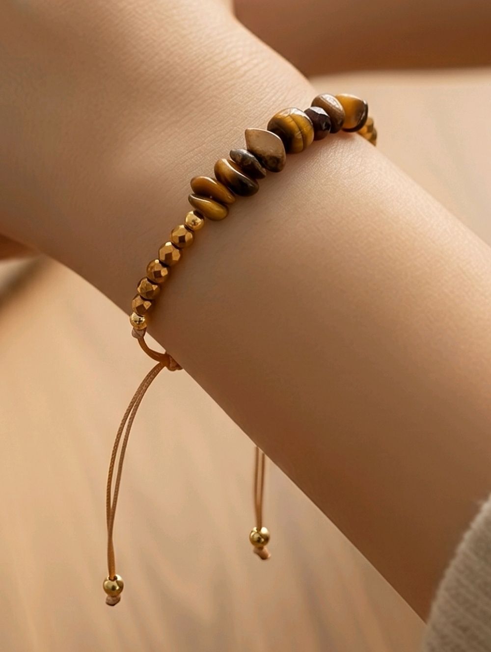 Tiger’s Eye Chip Bracelet Adjustable Brown Gold Natural Stone Beaded Bracelet